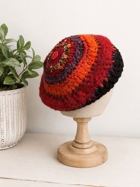 Handmade Vtg Wool Beret Colorful‎ Hat Winter Toque Pink Bohemian Boho Multicolor